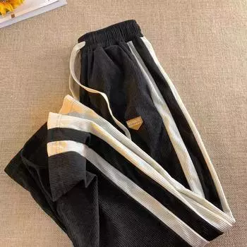 Вельветовые Весенне-Осенние Модели Осенние Свободные Брюки Спортивные Штаны Хай Стрит Все-в-одном Повседневные Брюки Мужские XXXL чёрный