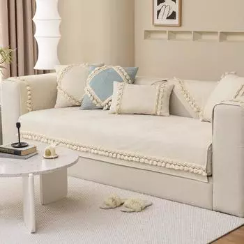 Вельветовый чехол для дивана, нескользящий чехол для дивана, универсальный для сезонов, защитный чехол для дивана, однотонное полотенце, однотонные чехлы для диванов с кисточками 70x70cm 1pcs бежевый