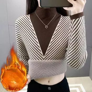 Вельветовый интегрированный свитер-основа свитера для женщинУтолщенный и теплый внутренний слой с двумя поддельными элементамиПолувысокий ворот Slim Fit Трикотажный топ-свитер S