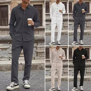 Вельветовый комплект из рубашки и брюк для мужчин, классический деловой повседневный комплект из 2 предметов, рубашка и брюки, одежда на весну и осень, повседневный офисный костюм M белый