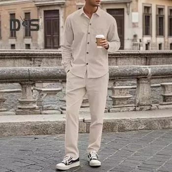 Вельветовый комплект из рубашки и брюк для мужчин, классический деловой повседневный комплект из 2 предметов, рубашка и брюки, одежда на весну и осень, повседневный офисный костюм M хаки