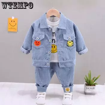 Вельветовый комплект из трех предметов, весенний костюм для мальчиков от 0 до 3 лет, однотонный свободный повседневный костюм, пальто, леггинсы 73 синий