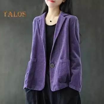 Вельветовый костюм-пальто женский осенний ретро свободного покроя однобортный пиджак с лацканами с длинным рукавом сплошной цвет деловое пальто с карманами S