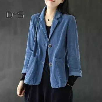 Вельветовый костюм-пальто женский осенний ретро свободного покроя однобортный пиджак с лацканами с длинным рукавом сплошной цвет деловое пальто с карманами S