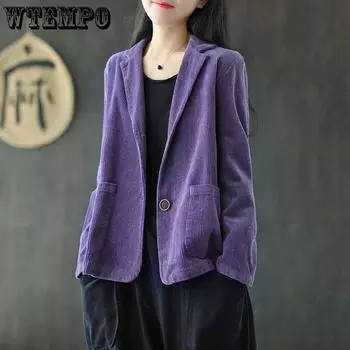 Вельветовый костюм воротник однотонный короткий пальто женский осенний длинный рукав карман Art ретро повседневный пальто топ M синий