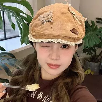 Вельветовый кружевной бант с рисунком щенка из мультфильма «кофейная шляпа вперед» для женщин с большой окружностью головы, берет Anti-Spice Girl Tide M56—58cm хаки