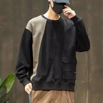 Вельветовый плотный утолщенный свитер для мужчин, осень и зима, американский модный бренд, контрастные цвета, сращивание на одежде, свободная мужская одежда большого размера M хаки