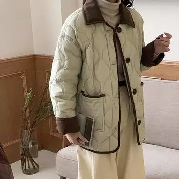 Вельветовый пуховик сращивания женский 2024 зимняя мода дизайн чувство ромба теплый маленький ароматный ветер белый утиный пуховик S слоновая кость