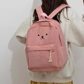 Вельветовый рюкзак для школьников, однотонный школьный рюкзак для женщин с рисунком медведя зелёный