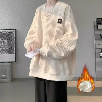 Вельветовый свитер с круглым вырезом для мужчин, осенне-зимняя модная брендовая молодежная свободная бархатная утолщенная футболка с длинными рукавами для пар, мужская M