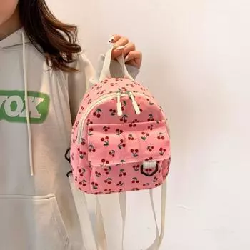 Вельветовый женский мини-рюкзак большой емкости для школьников, милый вишневый рюкзак для девочек