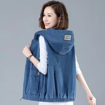 Вельветовый жилет Женщины носят универсальный короткий жилет с капюшоном весной и осенью Тонкий полосатый жилет пальто M синий