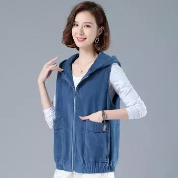 Вельветовый жилет Женщины носят универсальный короткий жилет с капюшоном весной и осенью Тонкий полосатый жилет пальто M фиолетовый