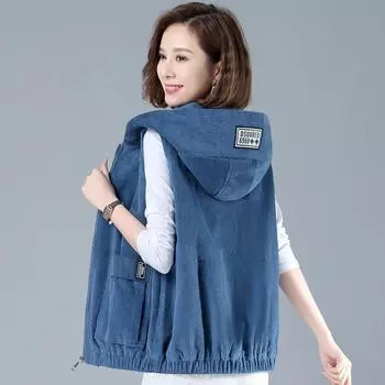 Вельветовый жилет Женщины носят универсальный короткий жилет с капюшоном весной и осенью Тонкий полосатый жилет пальто M синий