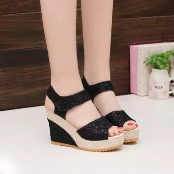 Velcro platform muffin shoes, breathable lace hollow heel sandals women s summer wedge heel sandals 34 чёрный