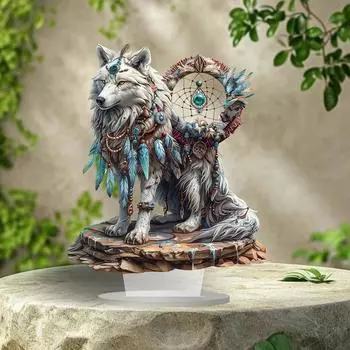 Величественный Белый Волк и Ловец Снов Гостиная Офисный Рабочий Стол Акриловый Декоративный Орнамент Подвеска 20*25cm