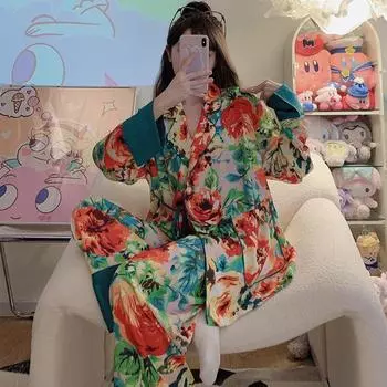 Великолепная цветочная весенне-летняя новая женская сексуальная пижама из двух частей из тонкого высококачественного ледяного шелка M