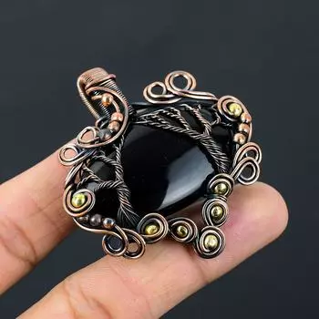 Великолепное Древо Жизни, черный оникс, драгоценный камень, чистая медная проволока, обернутая подвеской ручной работы, ювелирные изделия 2.36 Inches чёрный