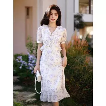 Великолепное фиолетовое платье с цветочным принтом, V-образным вырезом и романтические платья с рюшами L