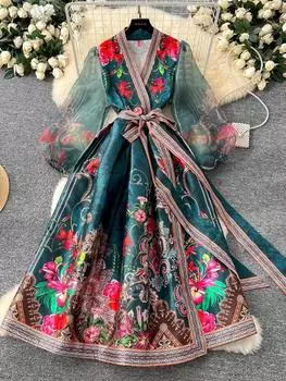 Великолепное шифоновое платье с цветочным принтом и рукавами-фонариками, бандажное платье со шнуровкой и запахом, женское платье с крестообразным V-образным вырезом, плотная атласная одежда для вечеринок в стиле бохо S зелёный