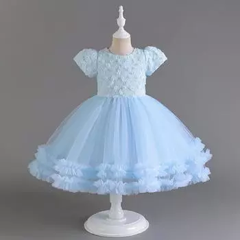 Великолепное вечернее платье с высоким и низким вырезом для девочек, летнее детское платье принцессы, объемная сетчатая пачка с розами, милые платья для девочек 100cm небесно-голубой