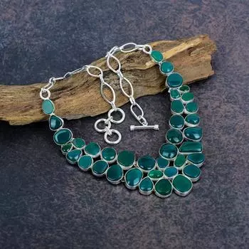 Великолепное зеленое ожерелье из оникса, ювелирные изделия, ожерелье ручной работы, 925 пробы, ювелирные изделия, ожерелье для свадебного подарка Adjustable with 18 inches зелёный