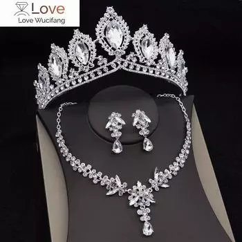 Великолепные хрустальные свадебные комплекты ювелирных изделий для женщин, серебряные диадемы, короны, ожерелья, серьги, свадебное платье невесты, комплект ювелирных изделий в Дубае