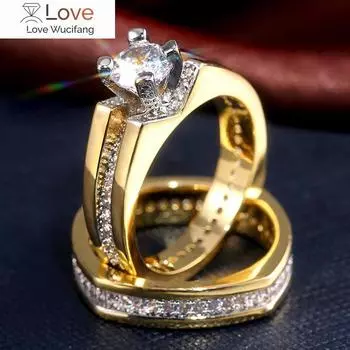 Великолепные обручальные кольца из 2 предметов для женщин, роскошные золотые инкрустированные круглые кубические цирконии, модные свадебные украшения 8