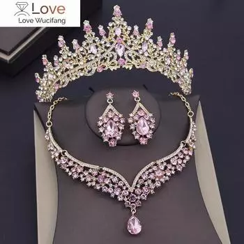 Великолепные розовые хрустальные свадебные комплекты ювелирных изделий для женщин, свадебные короны, серьги, диадемы, ожерелья, комплекты ювелирных изделий для невесты на выпускной в Дубае