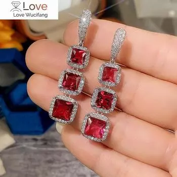 Великолепные серьги для дам с темпераментом и блестящими красными/синими/белыми/зелеными квадратными фианитами, роскошные вечерние ювелирные аксессуары для женщин