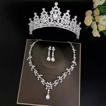 Великолепные серебряные комплекты свадебных украшений с кристаллами, модные диадемы, серьги-короны, колье, ожерелье, женское свадебное платье, комплект ювелирных изделий 1 серебряный