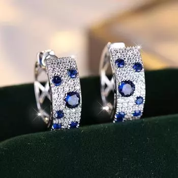 Великолепные синие, белые серьги-кольца с цирконием для женщин, модные свадебные серьги серебряного цвета, ювелирные изделия, подарок серебряный/синий