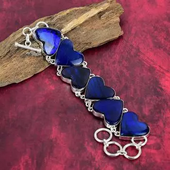 Великолепные ювелирные изделия из чистого серебра 925 пробы с лабрадором Blue Flash, великолепный браслет ручной работы для нее, ювелирные изделия из драгоценных камней в форме сердца для женщин 8 Inches With Adjustable синий