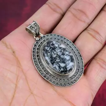 Великолепные ювелирные изделия из стерлингового серебра 925 пробы с драгоценными камнями Pinolith, подвесные украшения ручной работы, новые дизайнерские украшения для свадебного подарка 2.24 Inches серый