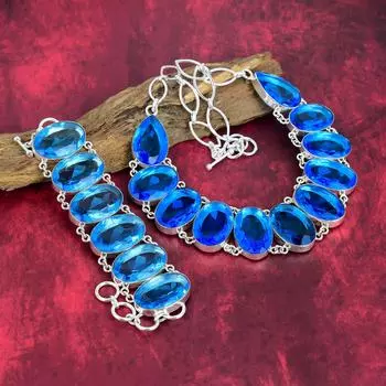 Великолепные ювелирные изделия с голубым топазом, ожерелье и браслет ручной работы из цельного серебра 925 пробы, великолепный комплект ювелирных изделий с топазом на любой случай Adjustable With 8 -18 синий