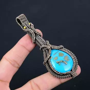 Великолепный бирюзовый драгоценный камень из чистой медной проволоки, завернутый в подвеску ручной работы, ювелирные изделия 3.86 Inches синий