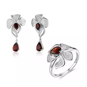 Великолепный цветочный дизайн, натуральный гранат в сочетании с белым цирконием, комплект женских колец и серег, подарок на годовщину из серебра 925 пробы US RING SIZE:6# красный