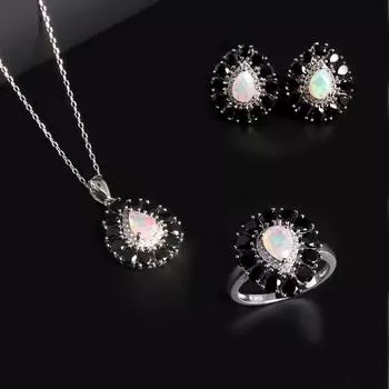 Великолепный дизайн, натуральный опал, черная шпинель, серьги-подвески, комплект из серебра 925 пробы, для женщин, подарок на годовщину и день рождения US RING SIZE:6# чёрный