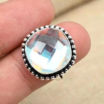 Великолепный драгоценный камень Радужный мистический топаз Ювелирные изделия Твердое кольцо из стерлингового серебра 925 пробы ручной работы 4 белый