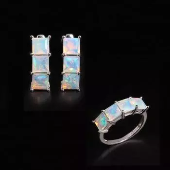 Великолепный и красочный комплект из серег и кольца с натуральным опалом, камень, рожденный в октябре, из серебра 925 пробы, изящные украшения для банкетного наряда для женщин US RING SIZE:6# белый