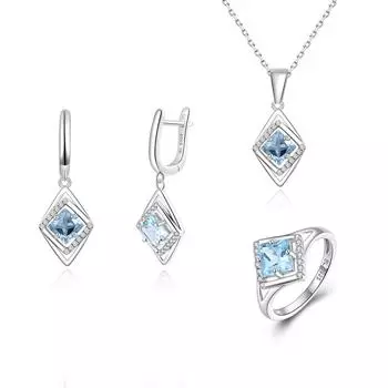 Великолепный камень ноября, натуральный небесно-голубой топаз, кольцо, серьги, ожерелье, комплект ювелирных изделий, серебро 925 пробы, женский подарок на банкет и свадьбу US RING SIZE:6# синий