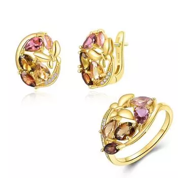 Великолепный комплект ювелирных изделий из натурального мультитурмалина, серьги с застежкой, кольцо из стерлингового серебра 925 пробы, роскошные украшения для женщин, подарок us ring size 6# коричневый/жёлтый