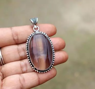 Великолепный кулон с драгоценным камнем флюорита / серебряный кулон 925 пробы / большой кулон с флюоритом