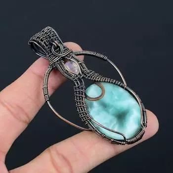 Великолепный ларимар и лунный камень, драгоценный камень, подвеска из медной проволоки ручной работы, ювелирное изделие 3.15 inches синий