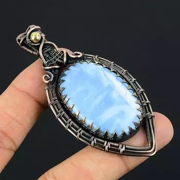 Великолепный Owyhee Opal Gemstone Чистая медная проволока Обернутая подвеска ручной работы Ювелирный подарок 3.15 Inches синий