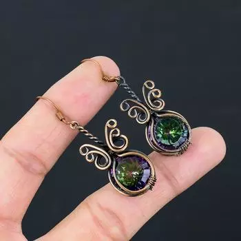 Великолепный Радужный Мистик Топаз Драгоценный Камень Чистая Медная Проволока Обернутые Серьги Ручной Работы Ювелирные Изделия 2.17 Inches зелёный
