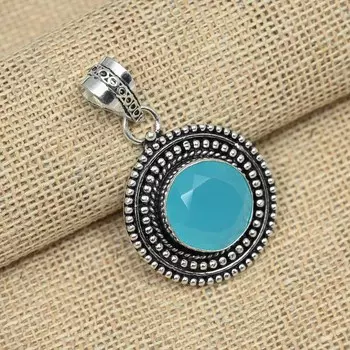 Великолепный синий халцедон драгоценный камень стерлингового серебра 925 пробы изысканный кулон ручной работы 1.65 Inches синий