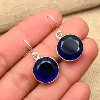 Великолепный синий сапфир, созданный в лаборатории драгоценный камень, ювелирные серьги ручной работы из стерлингового серебра 925 пробы 1.4 Inches синий