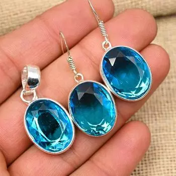 Великолепный синий топаз, драгоценный камень, подвеска и серьги из стерлингового серебра 925 пробы, комплект ювелирных изделий для женщин