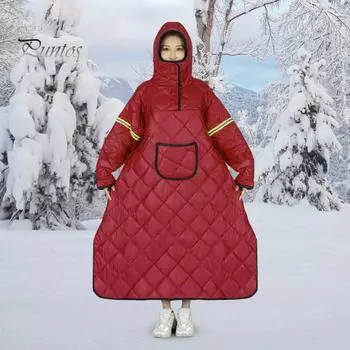 Велосипедное одеяло с капюшоном со светоотражающими полосками, регулируемое, для мужчин и женщин, водонепроницаемое, ветрозащитное, для осени, зимы, холодной погоды, теплое, длинное, удобное для носки одеяло с красный